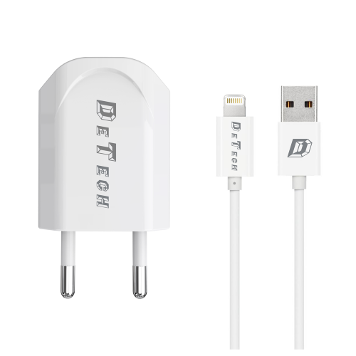 Зарядно устройство, DeTech, DE-11i, 5V/1A 220A, Universal, 1 x USB, With Lightning cable, 1.0m, White - 14116