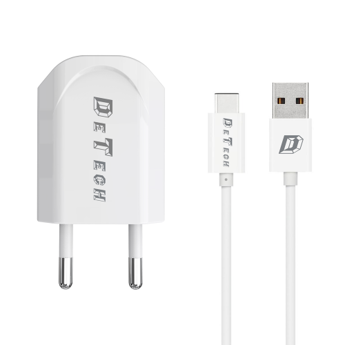 Зарядно устройство, DeTech, DE-11C, 5V/1A 220A, Universal, 1 x USB, Witch Type-C cable, 1.0m, White - 14117