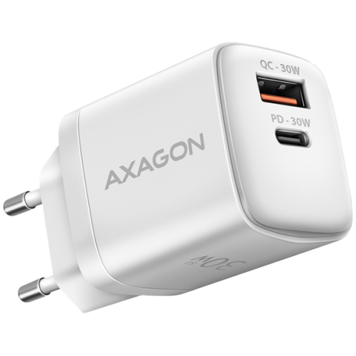Адаптер Axagon Sil wallcharger 2x port (USB-A + USB-C), PD3.0/QC4+/PPS/AFC/Apple. 30W total power.