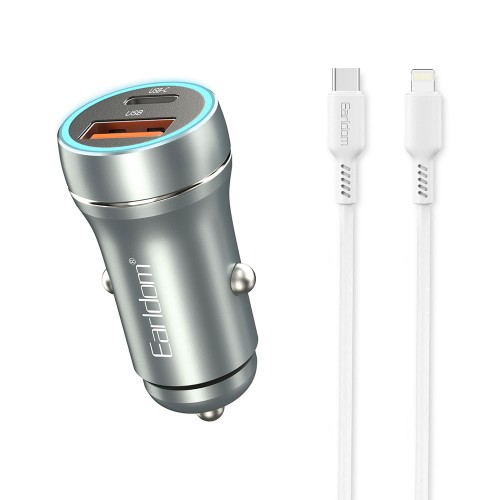 Зарядно за кола Earldom ES-CC29, 30W, USB QC3.0, PD, With Lightning - PD cable, Silver - 40352