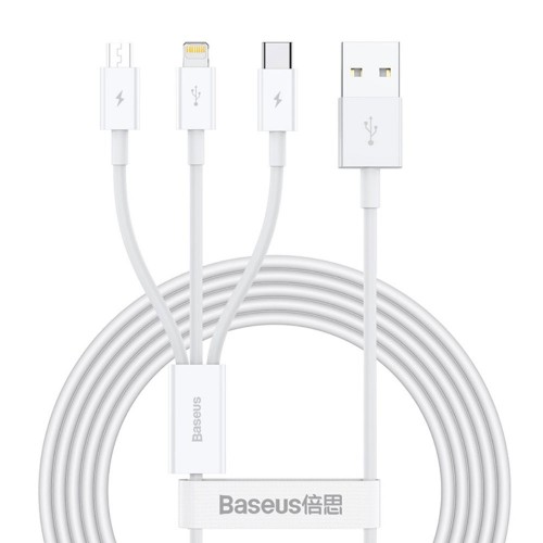 Кабел за зареждане Baseus Superior, 3in1, Micro USB, Lightning, Type-C, 1.0m, White - 40438