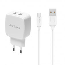 Зарядно устройство DeTech, DE-33M, 5V/2.4A 220A, Universal, 2 x USB, Micro USB cable, 1.0m, White - 40100