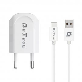 Зарядно устройство, DeTech, DE-11C, 5V/1A 220A, Universal, 1 x USB, Witch Type-C cable, 1.0m, White - 14117