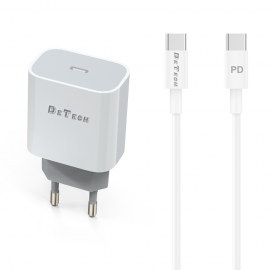 Зарядно устройство DeTech DE-30PD, 5V/3.0A 220V, 1 x Type-C F, PD, Type-C cable, White - 40115