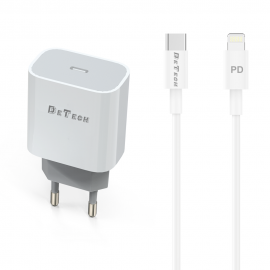 Зарядно устройство DeTech DE-30PDL, 5V/3.0A 220V, 1 x Type-C F, PD, Type-C to Lightning cable, White - 40116