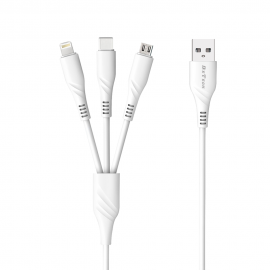 Кабел за зареждане DeTech DE-C40, 3in1, Micro USB, Lightning, Type-C, 1.0m, White - 40203