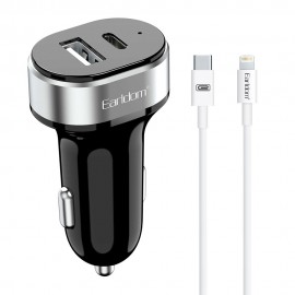 Зарядно за кола Earldom ES-CC14, 1xUSB, 1xType-C, With PD Lightning cable, Black - 40355
