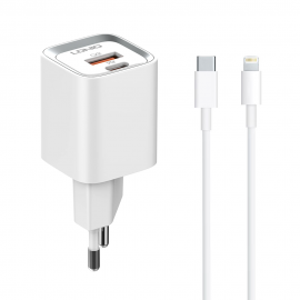 Зарядно устройство LDNIO A2318C, 20W, 1 x Type-C F, 1 x USB F, PD, QC, Type-C to Lightning cable, White - 40293