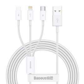 Кабел за зареждане Baseus Superior, 3in1, Micro USB, Lightning, Type-C, 1.0m, White - 40438