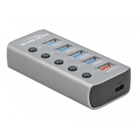 USB хъб Type-C Delock 42638, 4 x USB-A, 1 Fast Charging Port, 1 x USB-B, 1 x USB-C PD, Подсветка, Сив